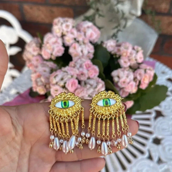 Maison Green Evil Eye Protection Pearl Dangle Earrings - Picture 8 of 12